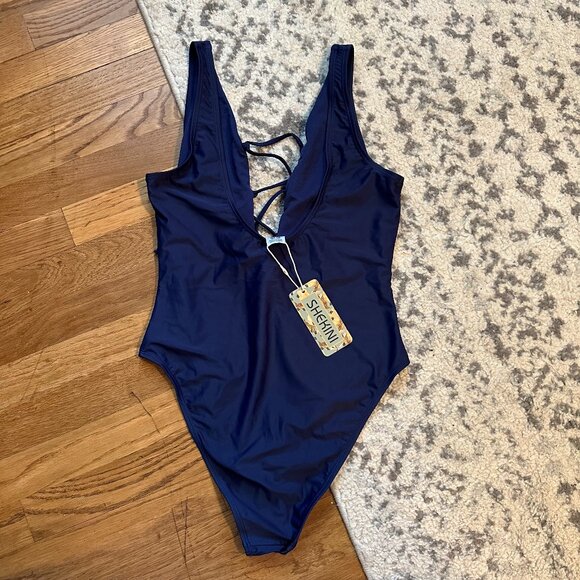 SHEKINI {NWT} Navy Blue Lace Up One Piece Swimsuit | Medium | high leg u back - Picture 3 of 9